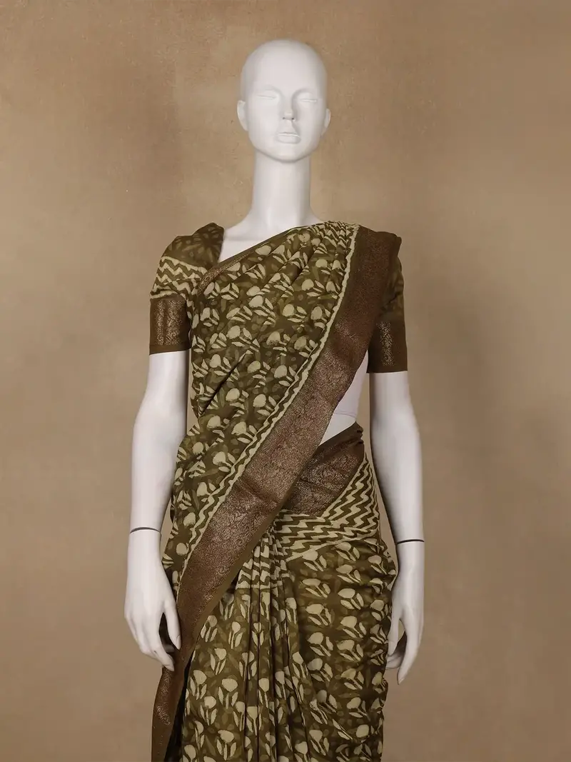 Olive Green Abstract Printed Cotton Saree 2