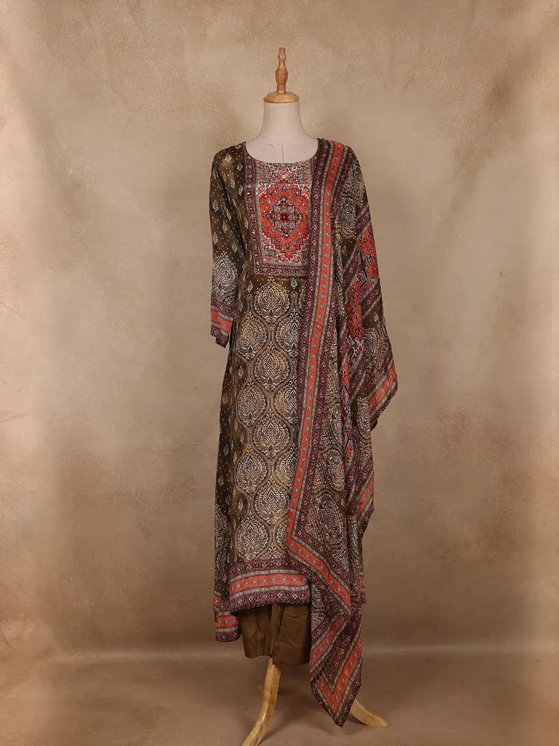 Olive Green Ajrakh Printed Crepe Salwar Suit With Dupatta 1