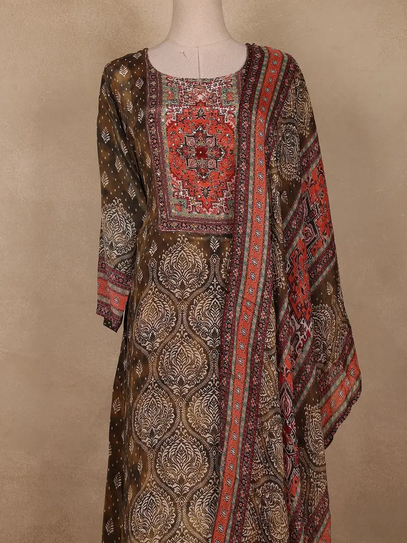Olive Green Ajrakh Printed Crepe Salwar Suit With Dupatta 2