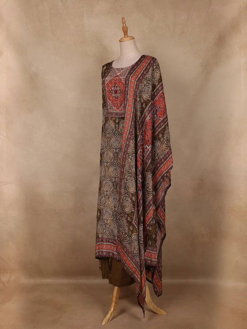 Olive Green Ajrakh Printed Crepe Salwar Suit With Dupatta 3