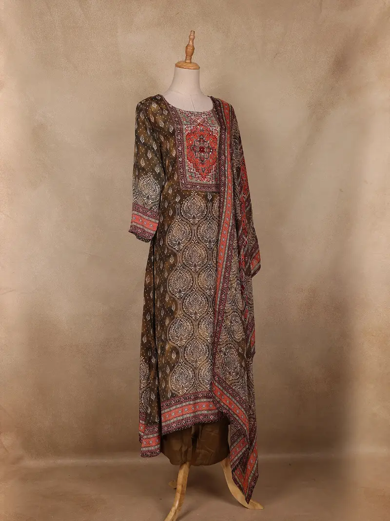 Olive Green Ajrakh Printed Crepe Salwar Suit With Dupatta 4