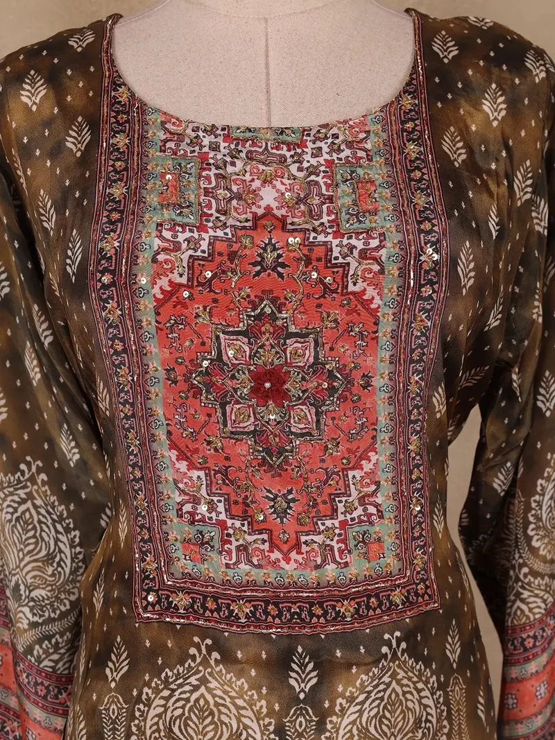 Olive Green Ajrakh Printed Crepe Salwar Suit With Dupatta 5