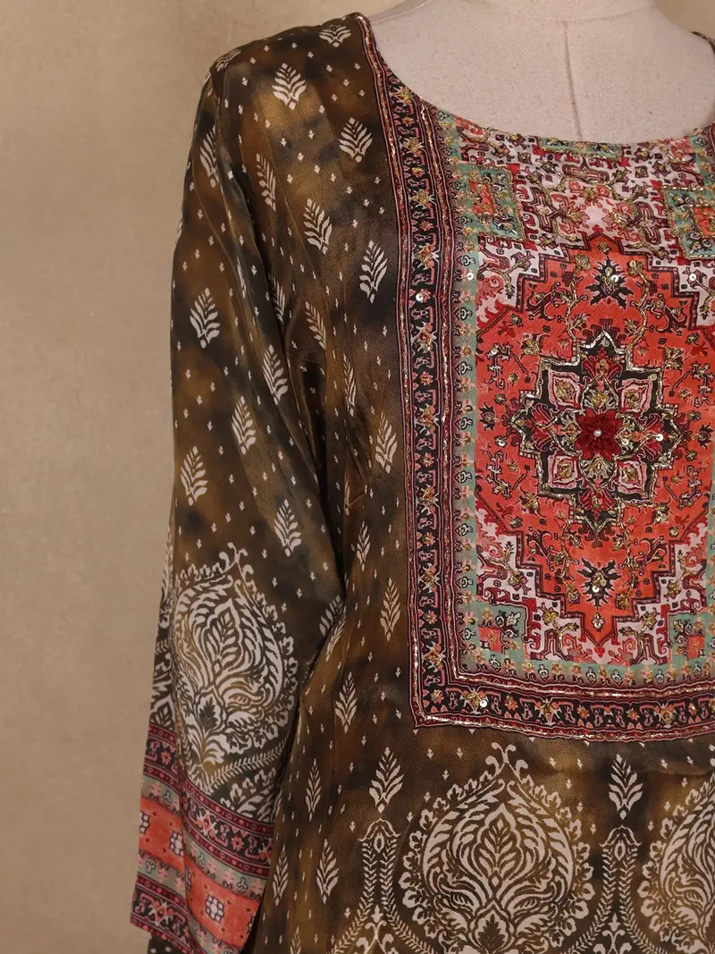 Olive Green Ajrakh Printed Crepe Salwar Suit With Dupatta 6
