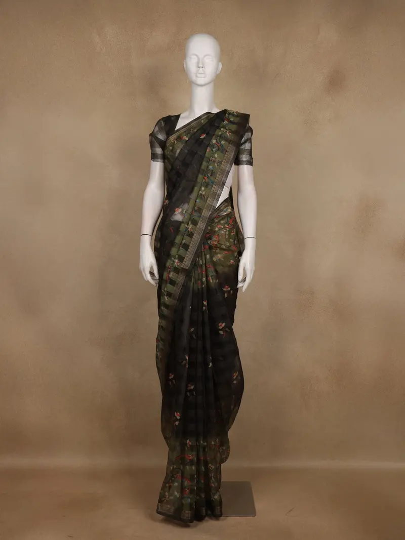 Olive Green And Black Checked Floral Design Cotton Saree 1