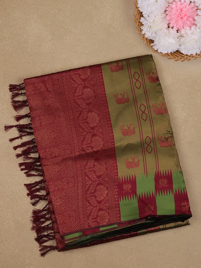 Olive Green And Maroon Elephant Motif Woven Art Silk Saree With Zari Border 1