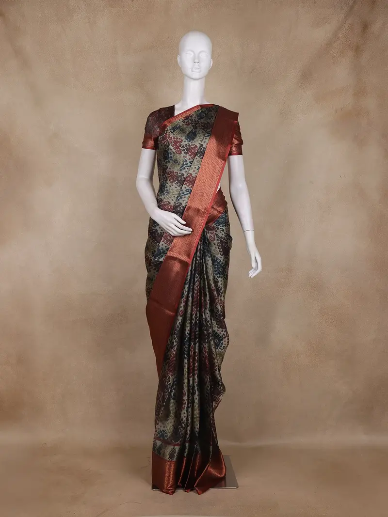 Olive Green And Maroon Ikat Woven Design Cotton Fancy Saree With Zari Border 1