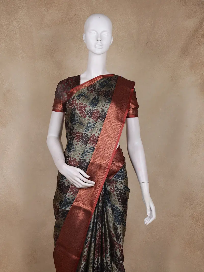 Olive Green And Maroon Ikat Woven Design Cotton Fancy Saree With Zari Border 2