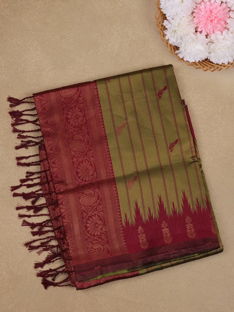 Olive Green And Maroon Striped Woven Art Silk Saree With Contrast Zari Border 1