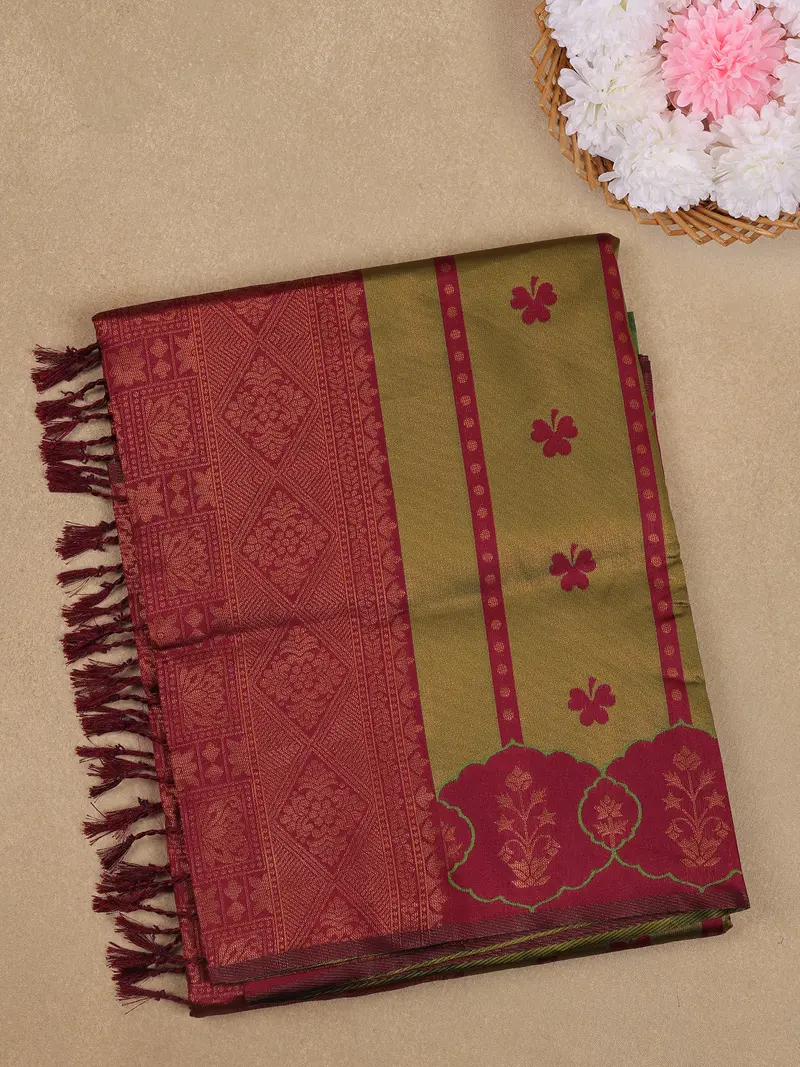 Olive Green And Maroon Woven Art Silk Saree With Geometric Zari Border 1