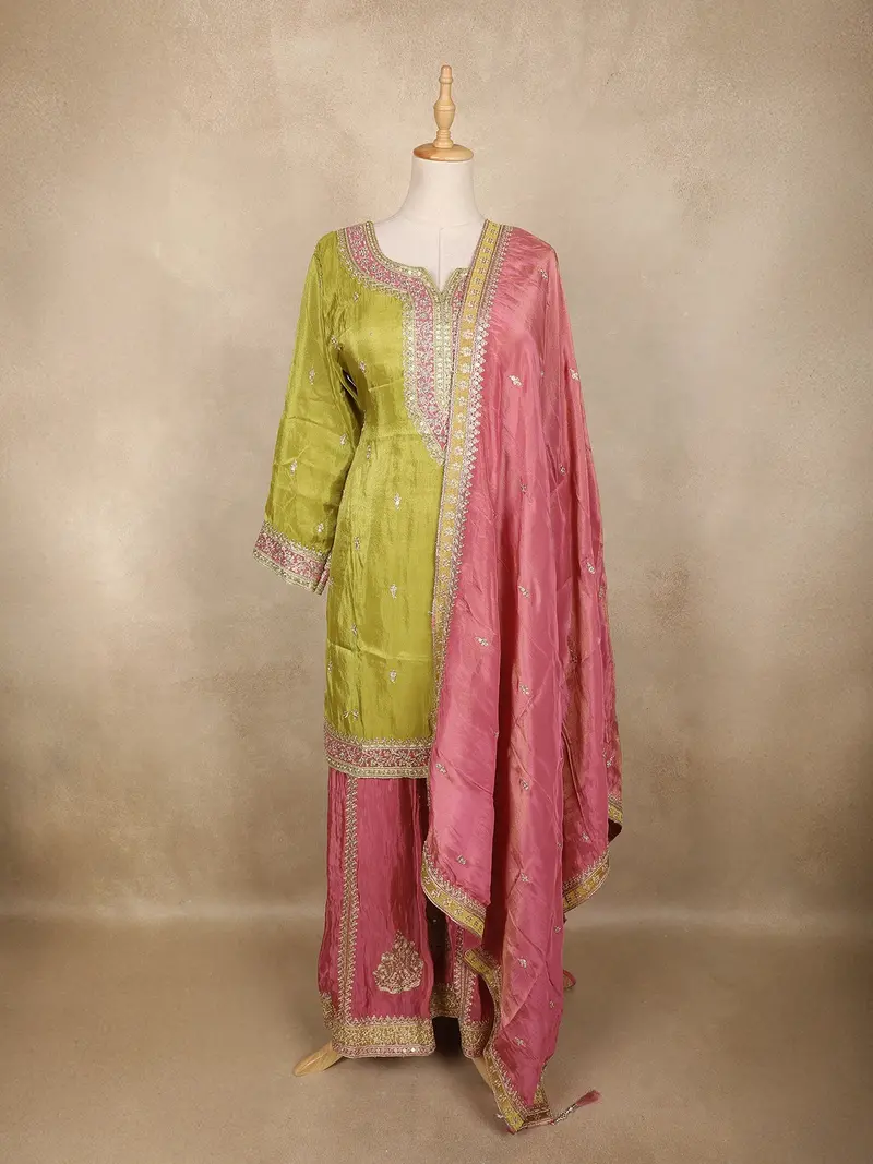 Olive Green And Pink Zari Embroidered Design Tissue Silk Palazzo Suit 1
