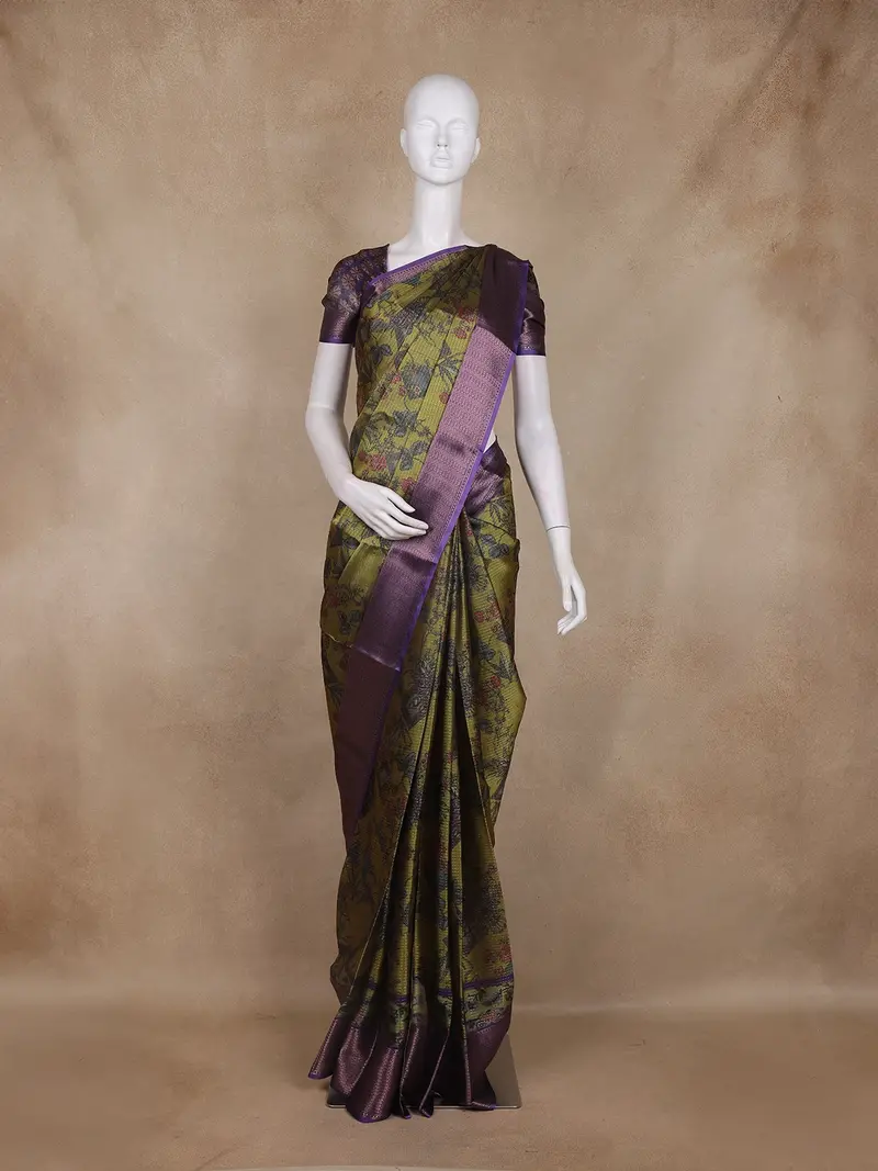 Olive Green And Purple Floral Woven Design Mixed Cotton Fancy Saree With Zari Border 1