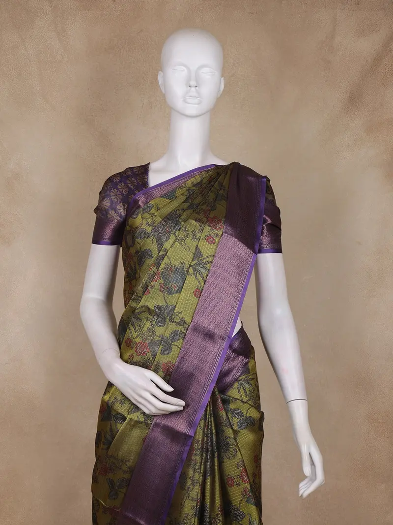 Olive Green And Purple Floral Woven Design Mixed Cotton Fancy Saree With Zari Border 2