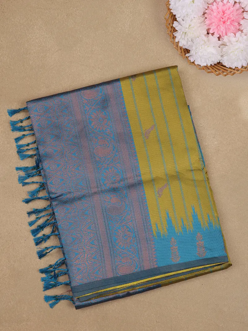 Olive Green And Teal Blue Woven Art Silk Saree With Paisley Zari Border 1