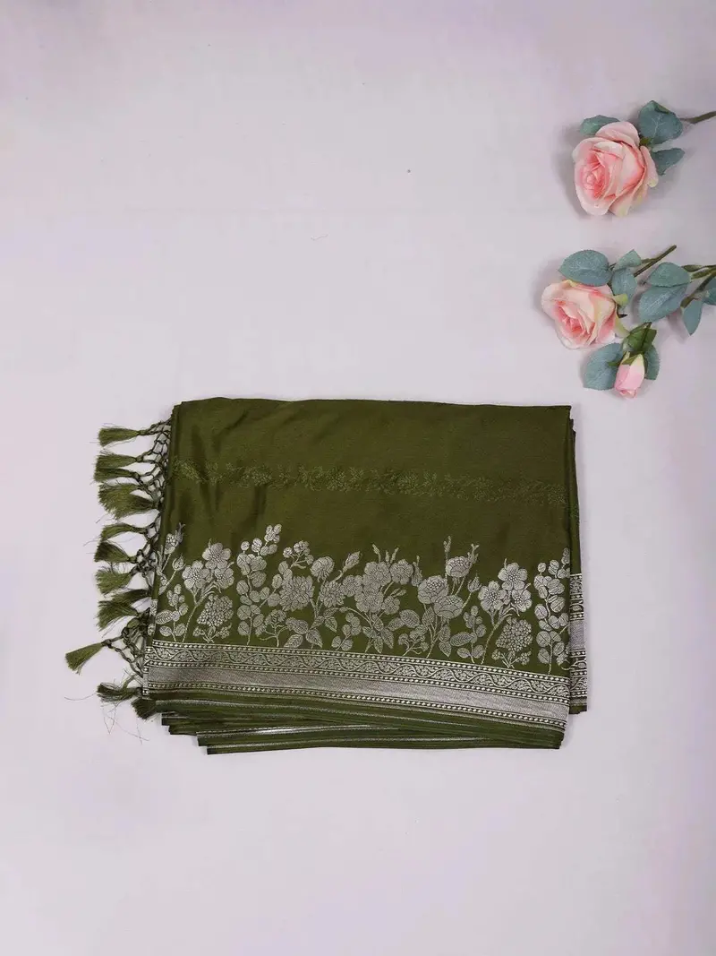 Olive Green Banarasi Saree With Floral Designs On The Body And Zari Border 1