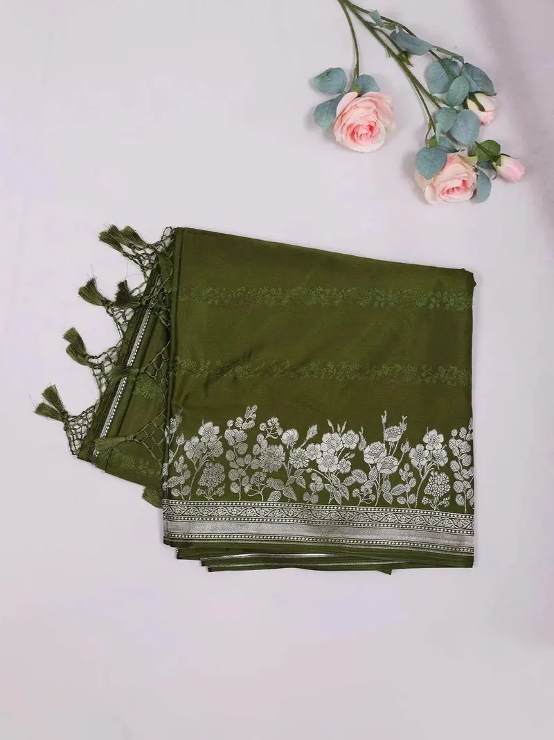 Olive Green Banarasi Saree With Floral Designs On The Body And Zari Border 2