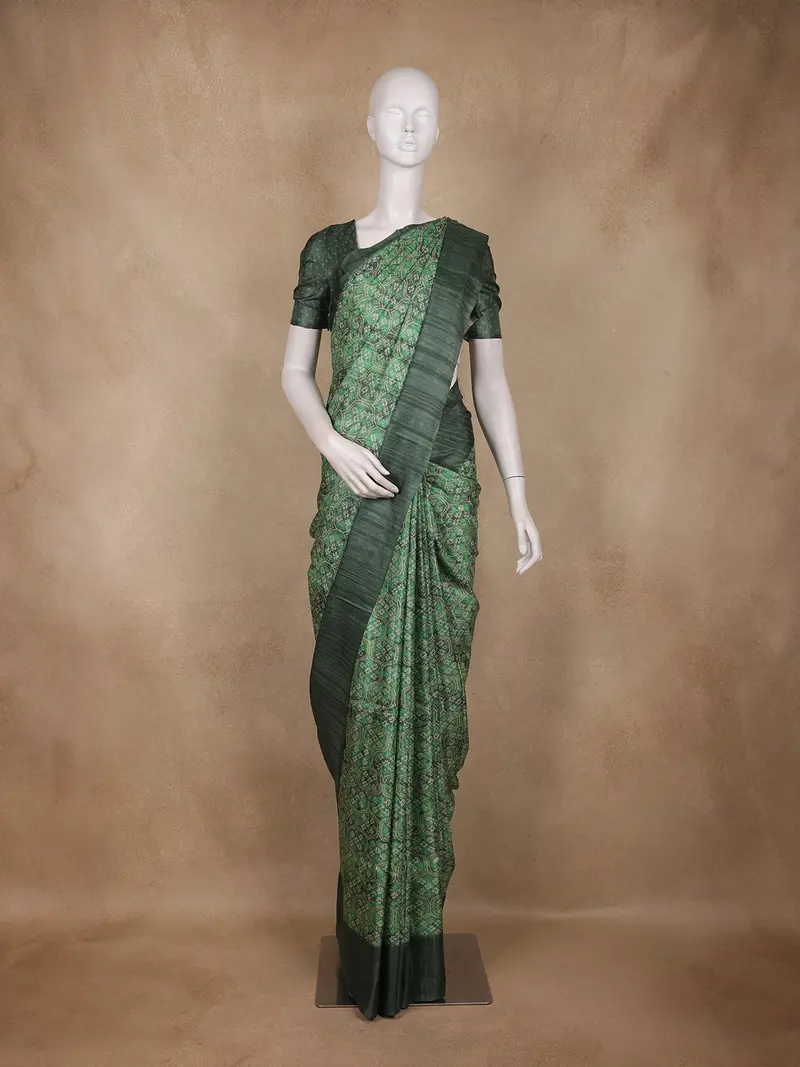 Olive Green Bandhani Printed Tussar Silk Saree 1