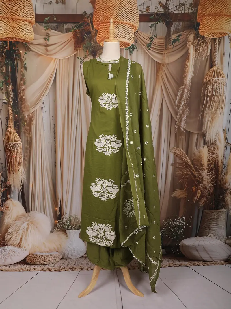 Olive Green Birds Printed Design Cotton Straight Cut Salwar Suit With Dupatta 1