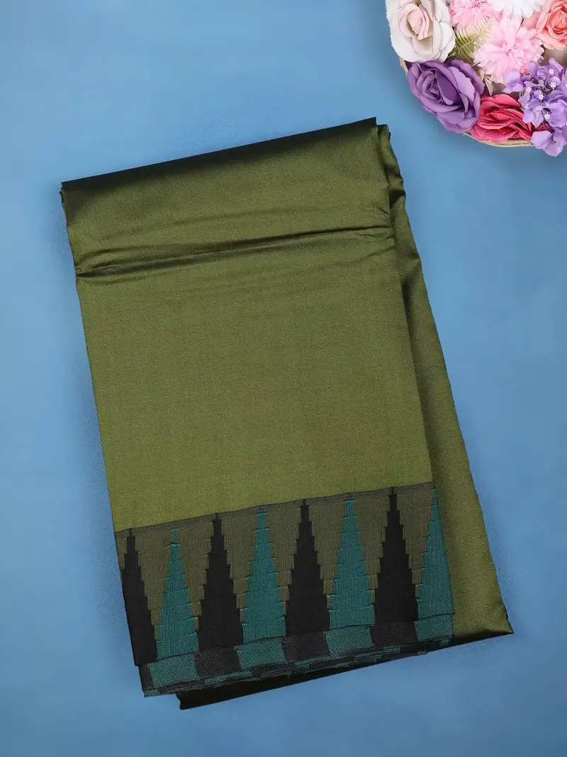 Olive Green Black And Teal Temple Motif Border Soft Silk Saree 1