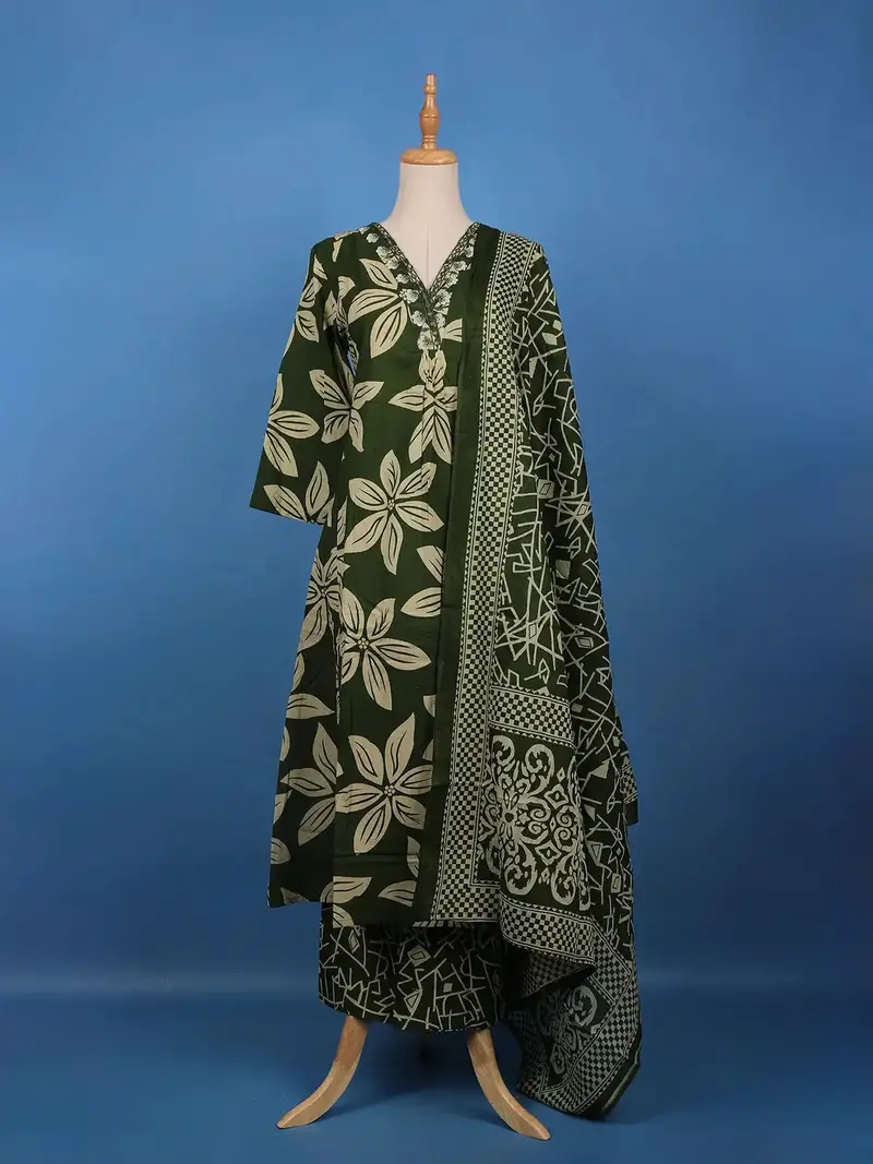 Olive Green Bold Floral Printed Cotton Salwar Suit 1