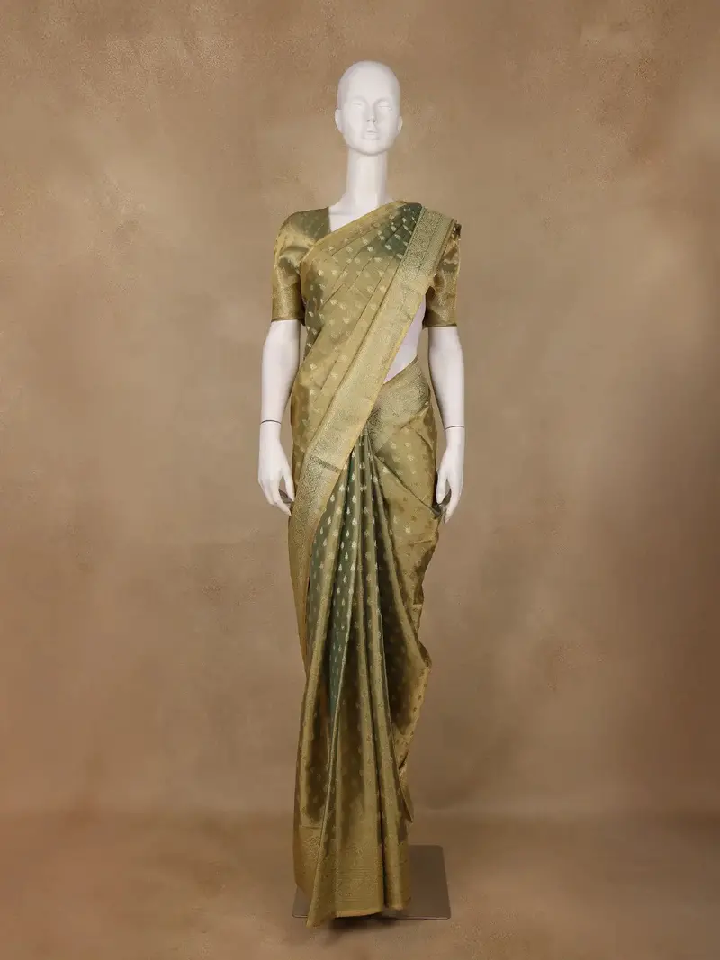 Olive Green Butta Design Tissue Silk Saree 1