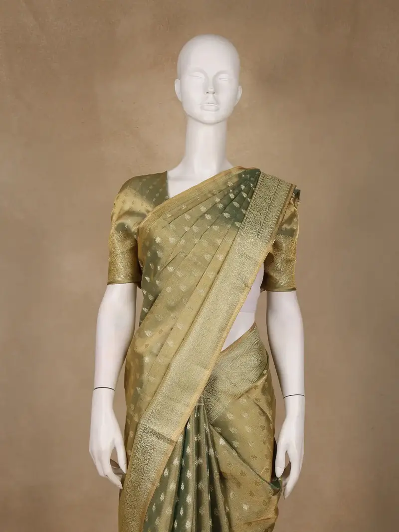 Olive Green Butta Design Tissue Silk Saree 2