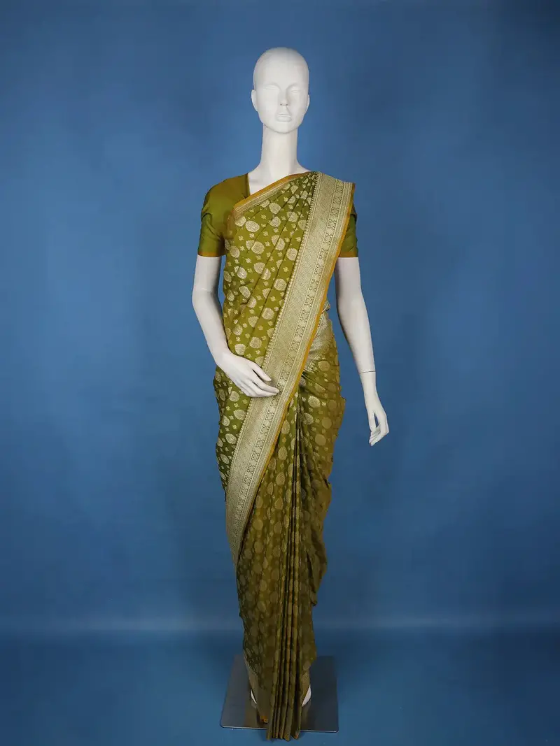 Olive Green Butta Woven Banarasi Silk Saree 1