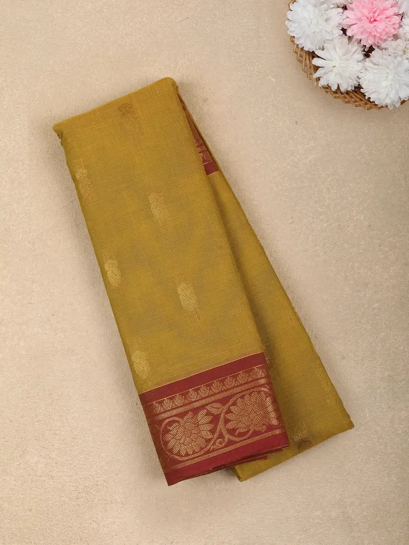 Olive Green Butta Woven Design Cotton Saree With Contrast Border 1