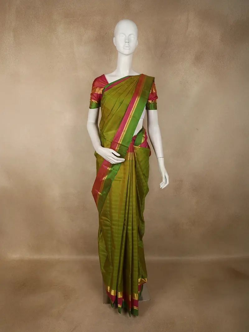 Olive Green Butta Woven Design Kanchipuram Silk Saree With Contrast Zari Border 1