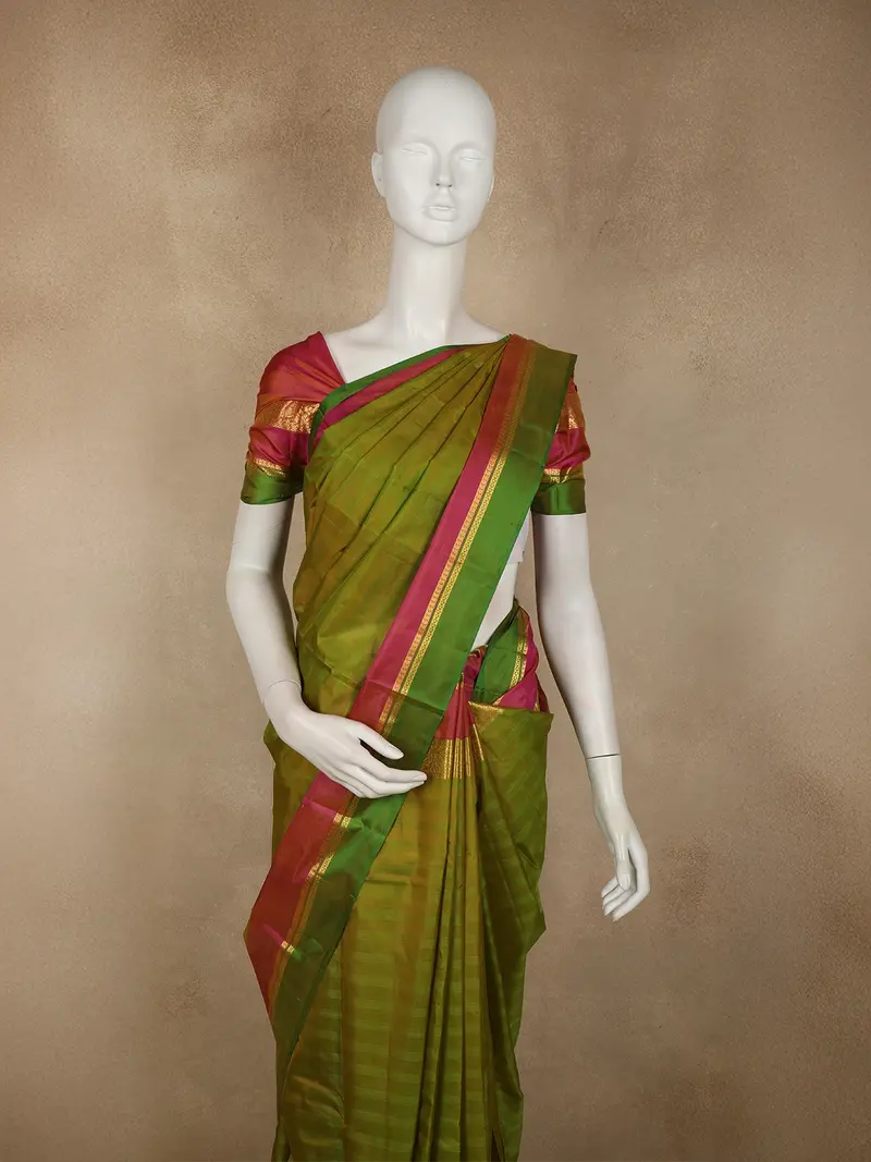 Olive Green Butta Woven Design Kanchipuram Silk Saree With Contrast Zari Border 2