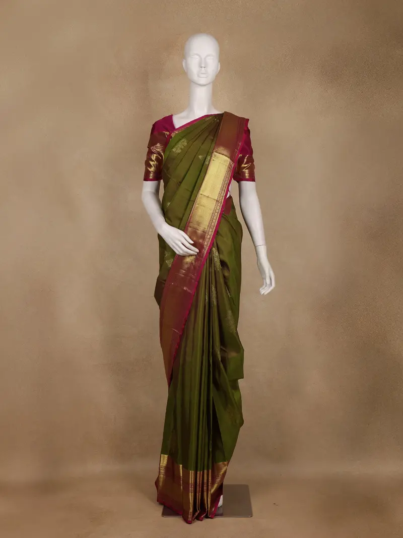 Olive Green Butta Woven Design Pure Kanchipuram Silk Saree 1