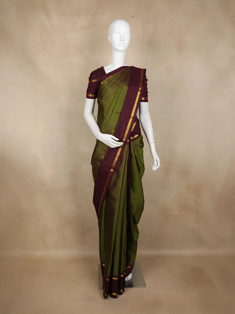Olive Green Butta Woven Kanchipuram Silk Saree With Maroon Zari Border 1
