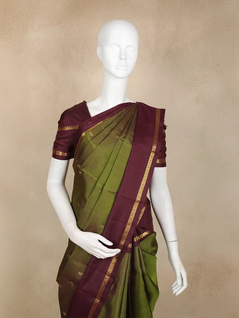 Olive Green Butta Woven Kanchipuram Silk Saree With Maroon Zari Border 2