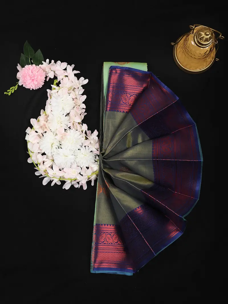 Olive Green Butta Woven Soft Silk Saree With Navy Blue Contrast Border 1