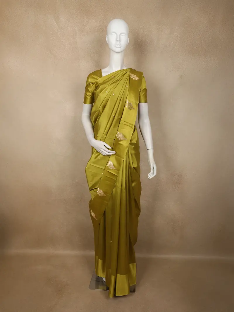 Olive Green Butta Zari Woven Design Pure Banarasi Silk Saree With Floral Zari Border 1