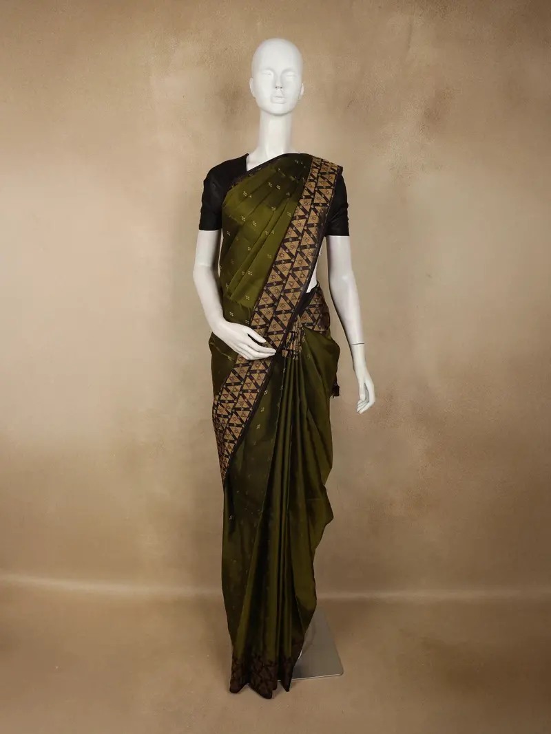 Olive Green Butta Zari Woven Design Soft Silk Fancy Saree With Contrast Zari Border 1