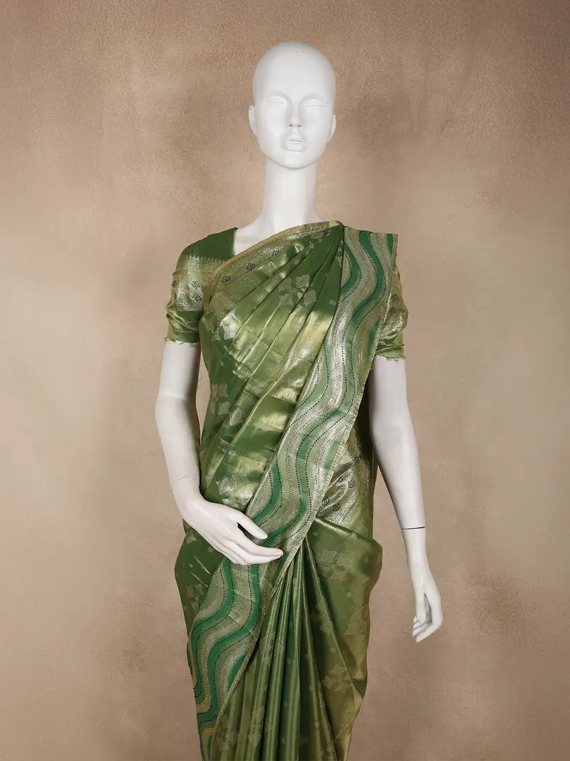 Olive Green Butta Zari Woven Design Tissue Designer Saree With Designer Border 2