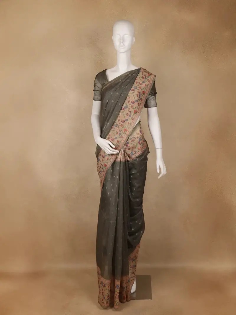 Olive Green Buttas Woven Tissue Saree With Peacock Border 1