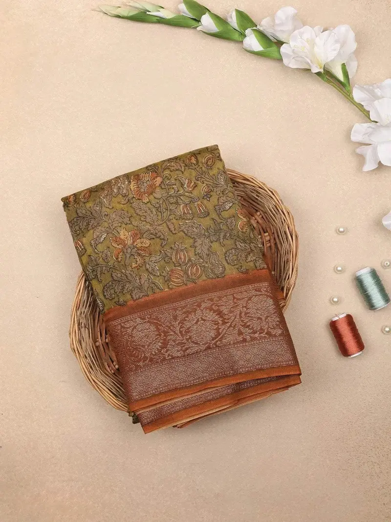 Olive Green Chanderi Silk Saree With Floral And Leaf Jacquard On The Body With Contrast Border 1