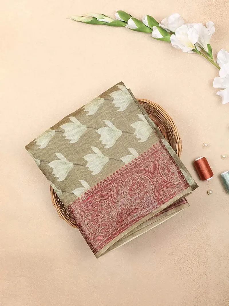 Olive Green Chanderi Silk Saree With Floral Design On The Body With Contrast Border 1