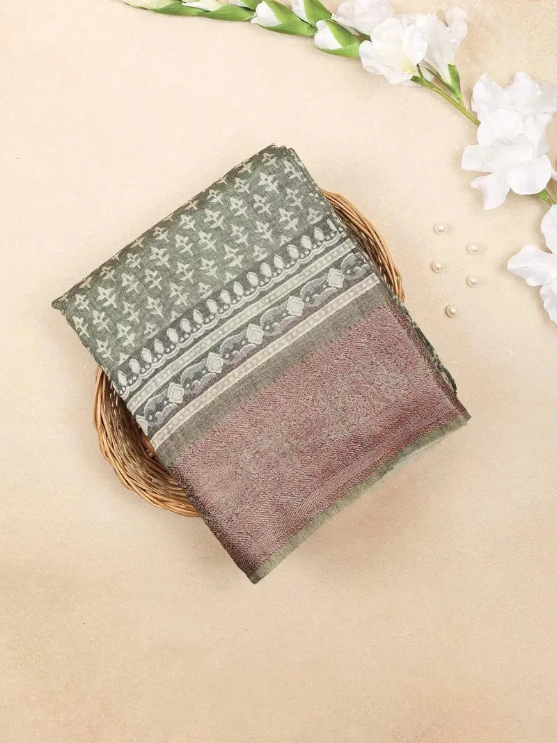 Olive Green Chanderi Silk Saree With Small Floral Design On The Body With Contrast Border 1