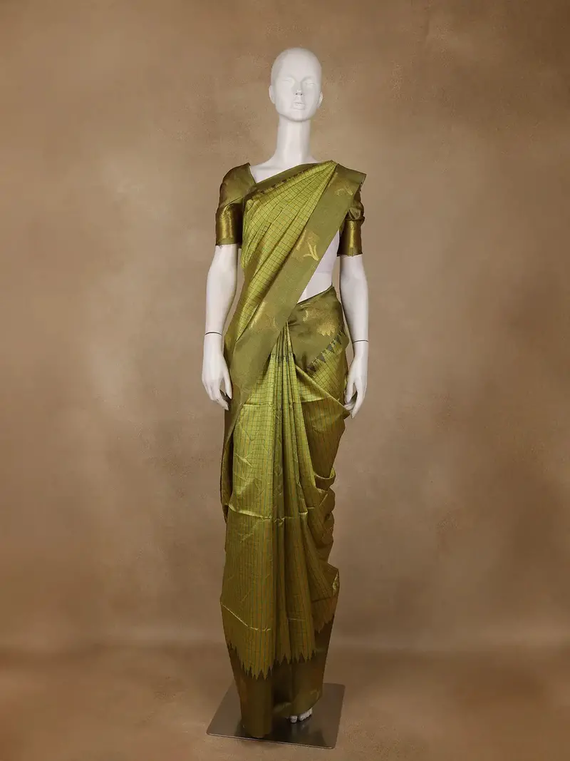 Olive Green Checked Design Tissue Silk Saree 1
