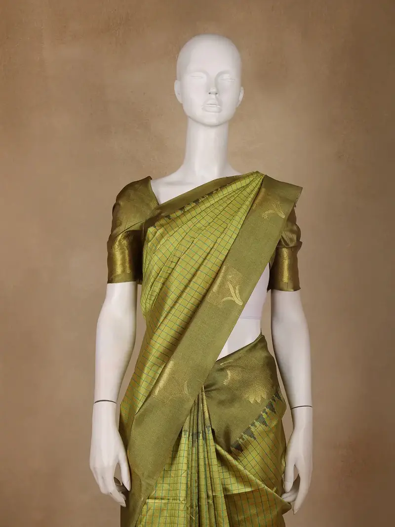 Olive Green Checked Design Tissue Silk Saree 2