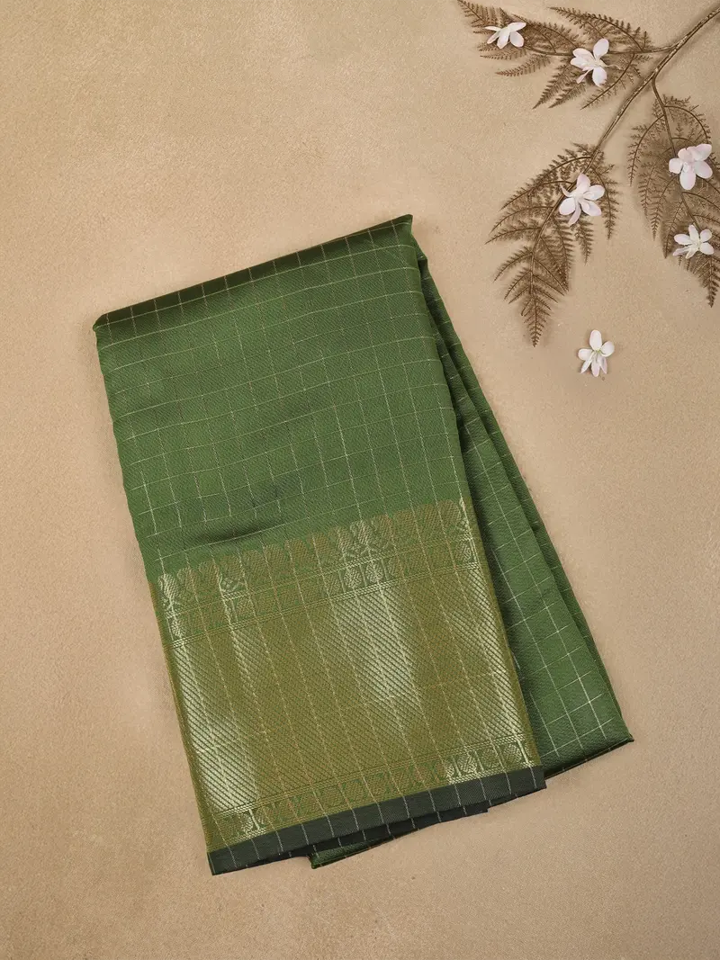 Olive Green Checked Woven Design Soft Silk Fancy Saree 1