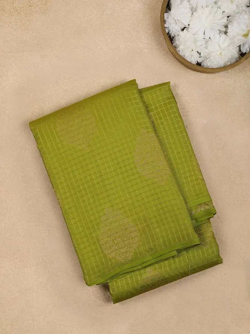Olive Green Checked Woven Pure Kanchipuram Silk Saree 1