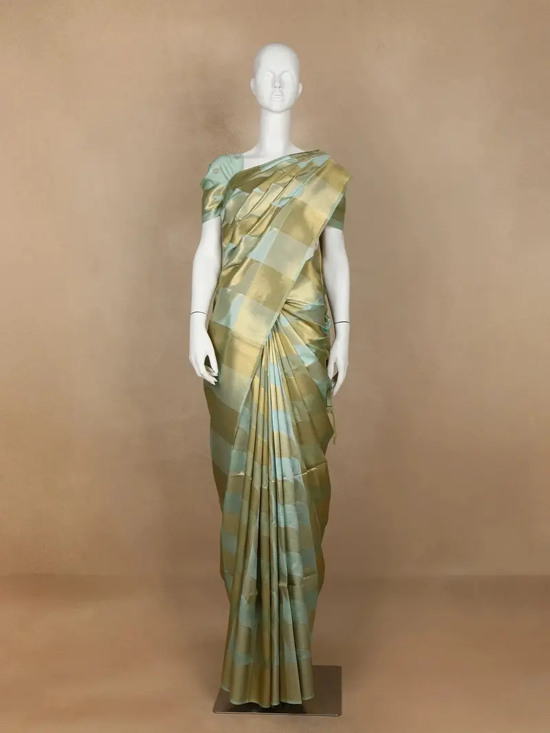 Olive Green Checks Designed Semi Tussar Silk Saree 1