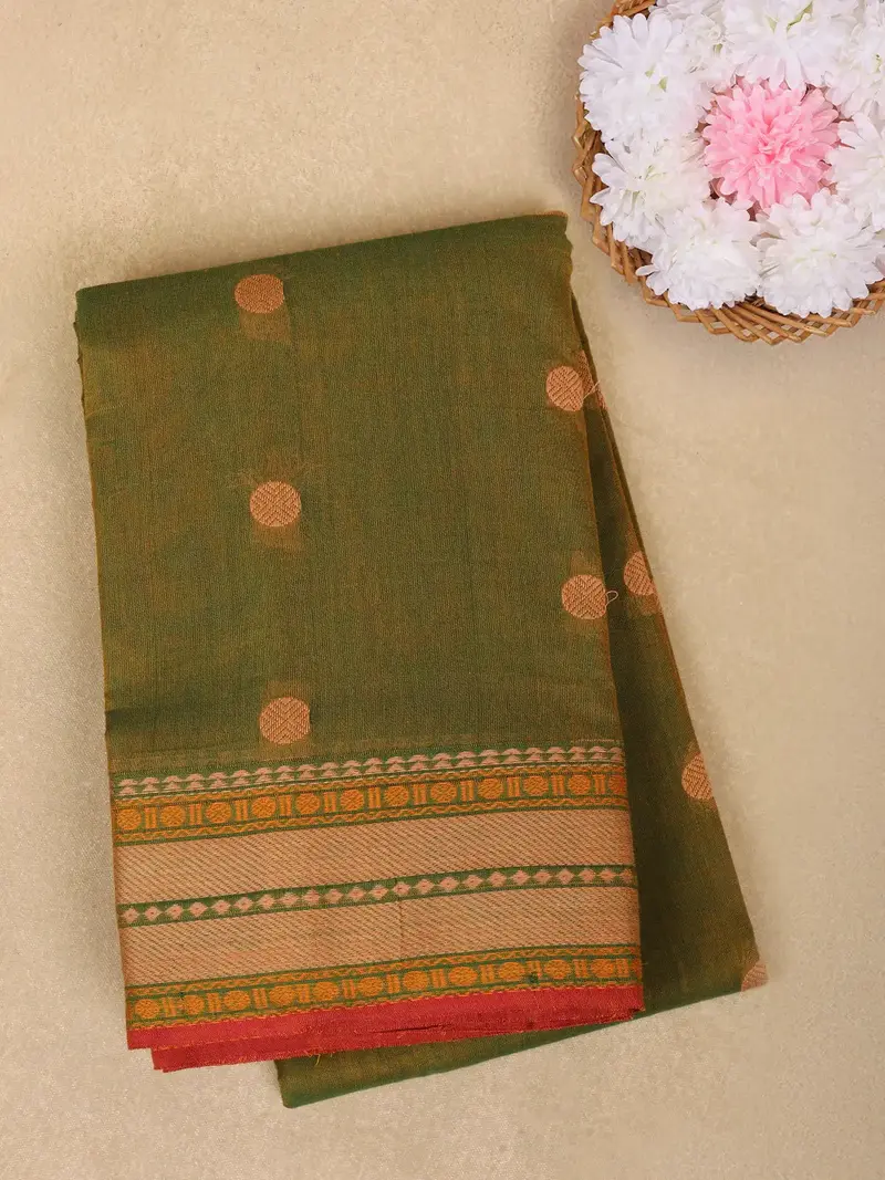 Olive Green Circle Motif Design Cotton Saree With Contrast Border 1