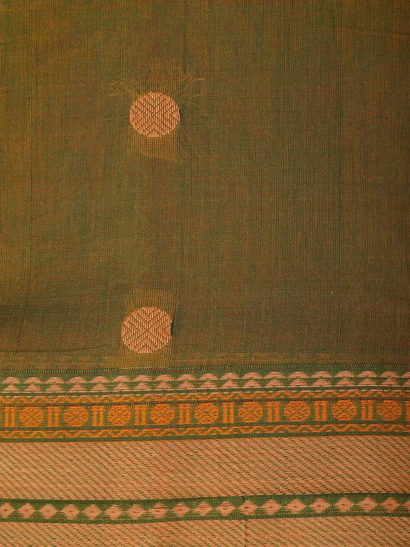 Olive Green Circle Motif Design Cotton Saree With Contrast Border 2