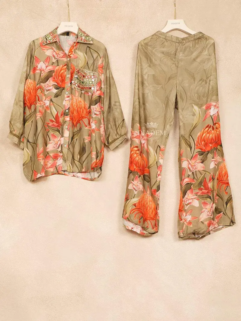Olive Green Co-Ord Salwar Suit Adorned With Mirror And Floral Design With Pant 1