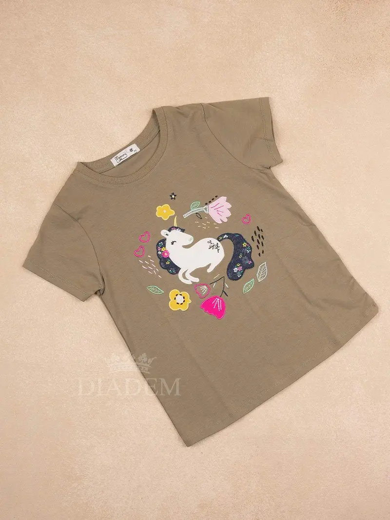 Olive Green Cotton Half Sleeve T-Shirt With Unicorn Designs For Girls 1