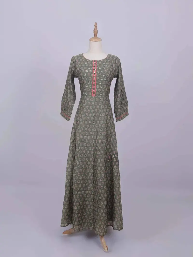 Olive Green Cotton Long Kurti Top Adorned With Flower Design Without Dupatta 1
